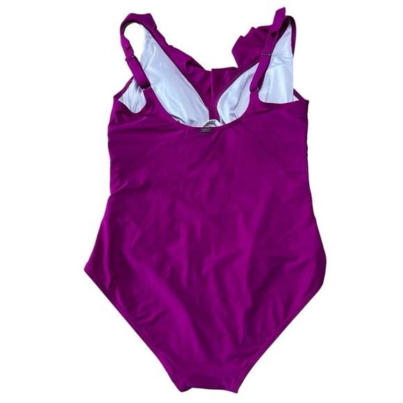 Dkny Ruffle Plunge Underwire Tummy Control One-Piece Swimsuit Dark Pink Sz 16 - Picture 3 of 13